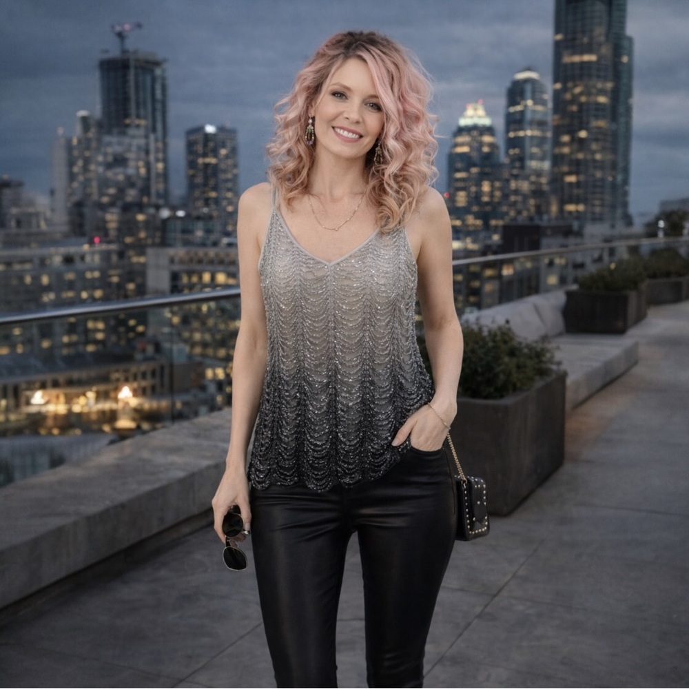 Silver Ombre Beaded Tank Top Sheer Festival Cover Up Size S